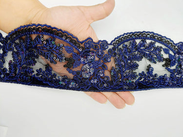 Black Net Scallop Lace Trim with Navy Blue Floral Embroidery With Sequins, Sari Border, Embroidered Trim